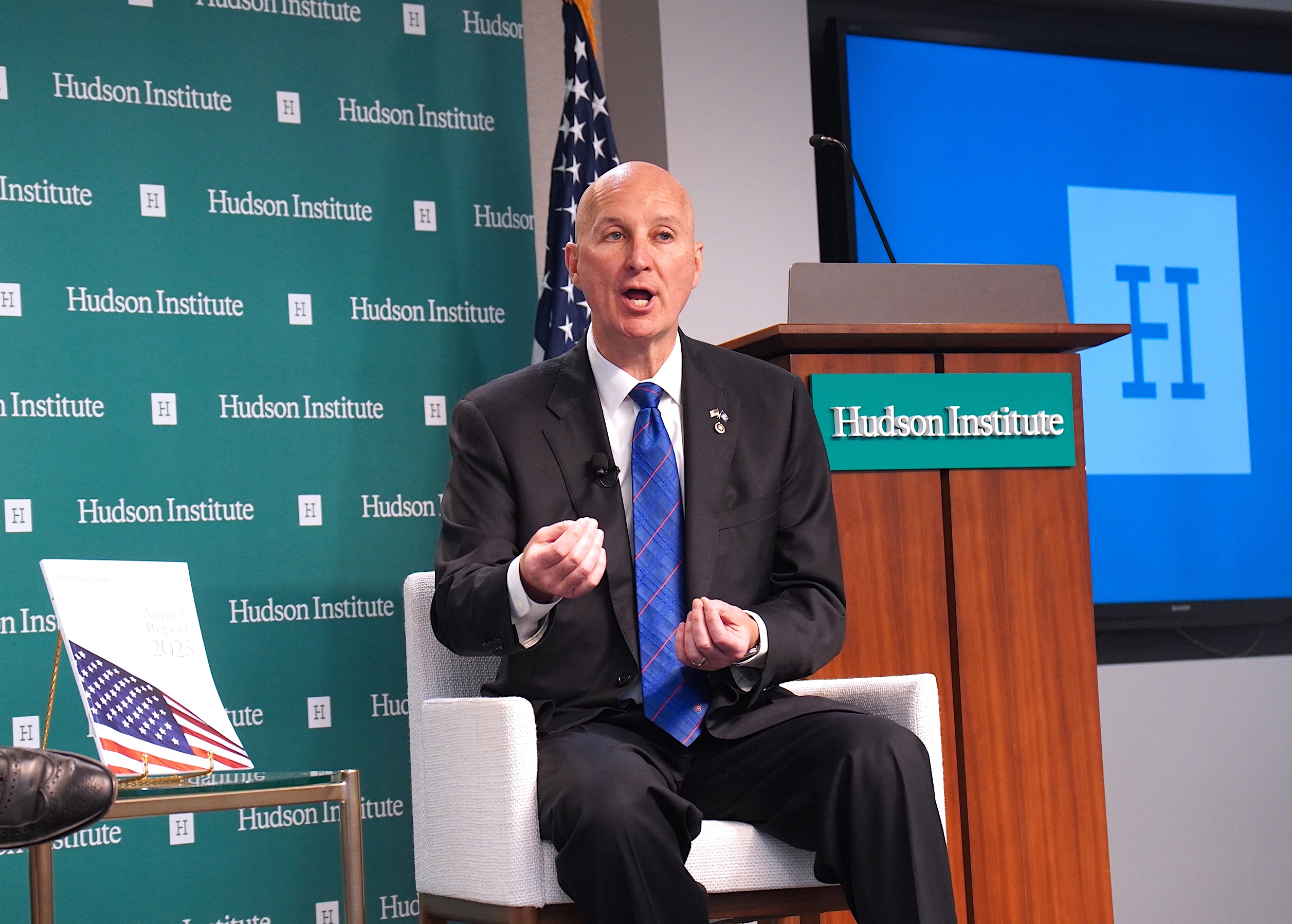 2026年9月15日,美國聯邦參議員皮特‧里基茨(Pete Ricketts)在華府智庫哈德遜研究所(Hudson Institute)舉行的活動上。(李辰/大紀元)