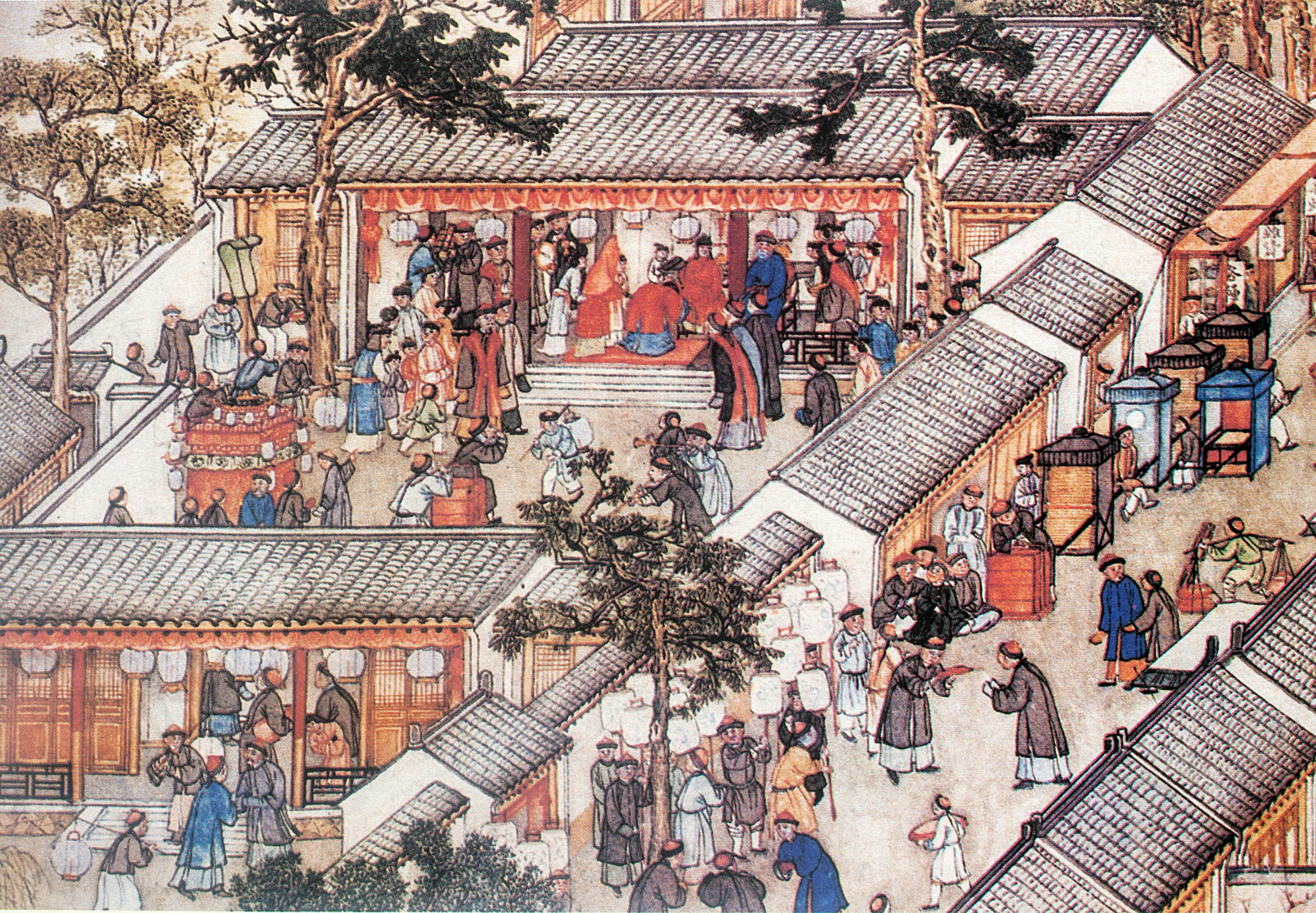 清乾隆年間徐揚《姑蘇繁華圖》中描繪的中式婚禮中新郎、新娘拜堂的過程。(公有領域)