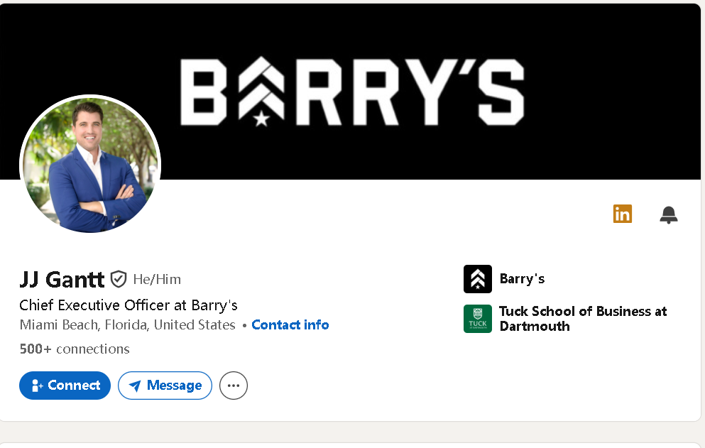 岡薩雷斯透露,Barry's現任CEO JJ Gantt當初曾主動寄冷郵件給他,後來從CFO一路升任總裁,再成為CEO。(LinkedIn截圖)