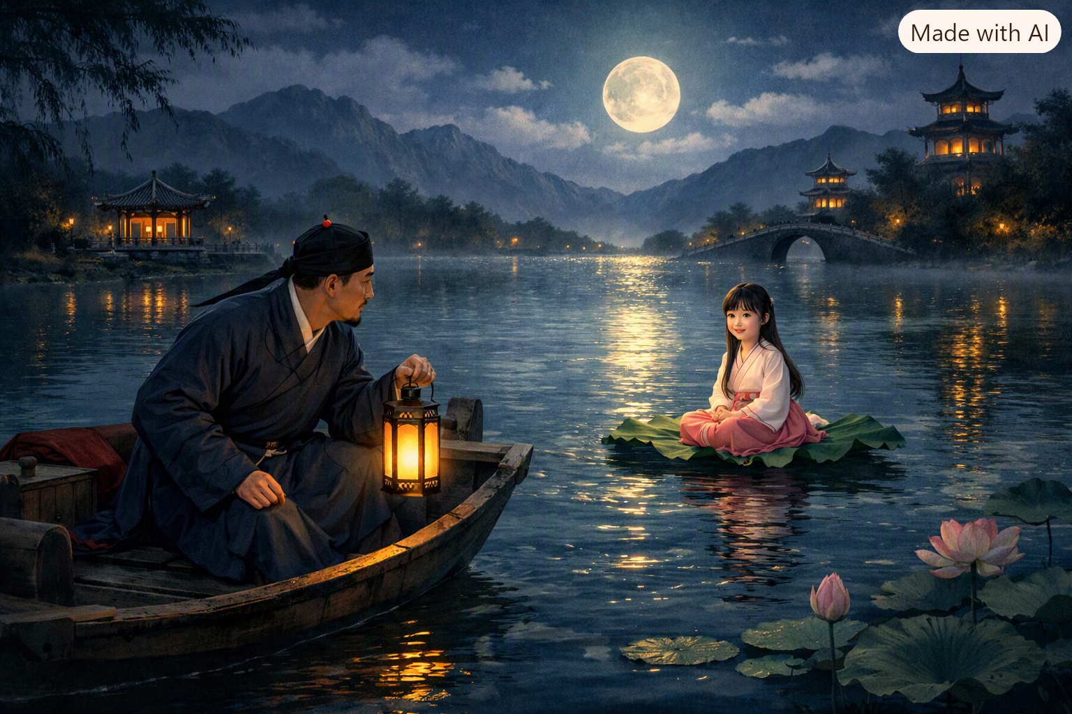湖面上坐著一位少女。(製圖:AI)
