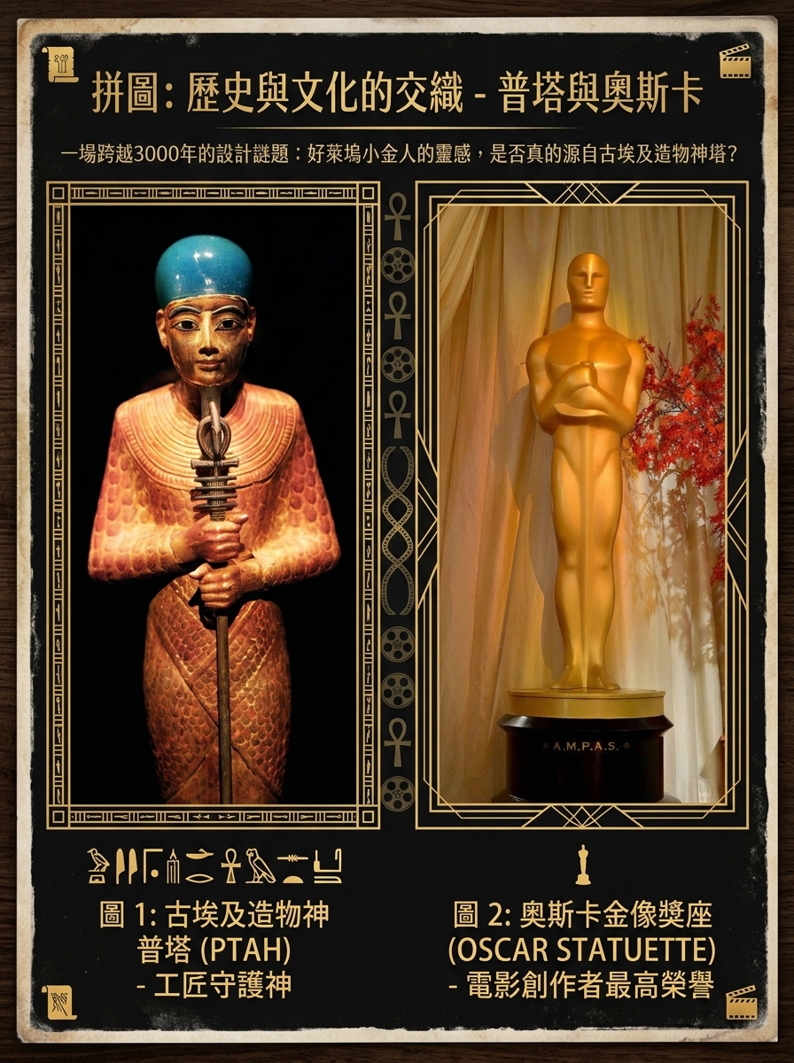2006年5月25日,伊利諾州芝加哥的菲爾德博物館,一尊從埃及國王圖坦卡門陵墓中出土的孟菲斯主神普塔(Ptah)的雕像正在展出。(Scott Olson/Getty Images)2026年3月14日,加州荷里活杜比劇院第98屆奧斯卡金像獎頒獎典禮前,一座奧斯卡小金人雕像亮相。 (Frederic J. Brown / Getty Images)(AI合成)