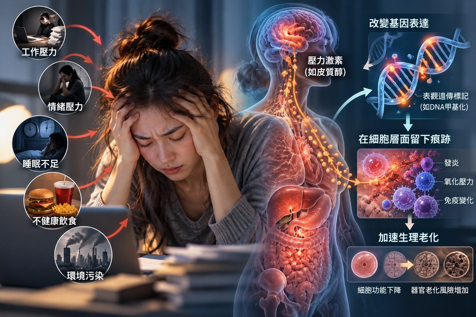 生理年龄可以被视为一个人累积暴露因素的指标。（AI制图）